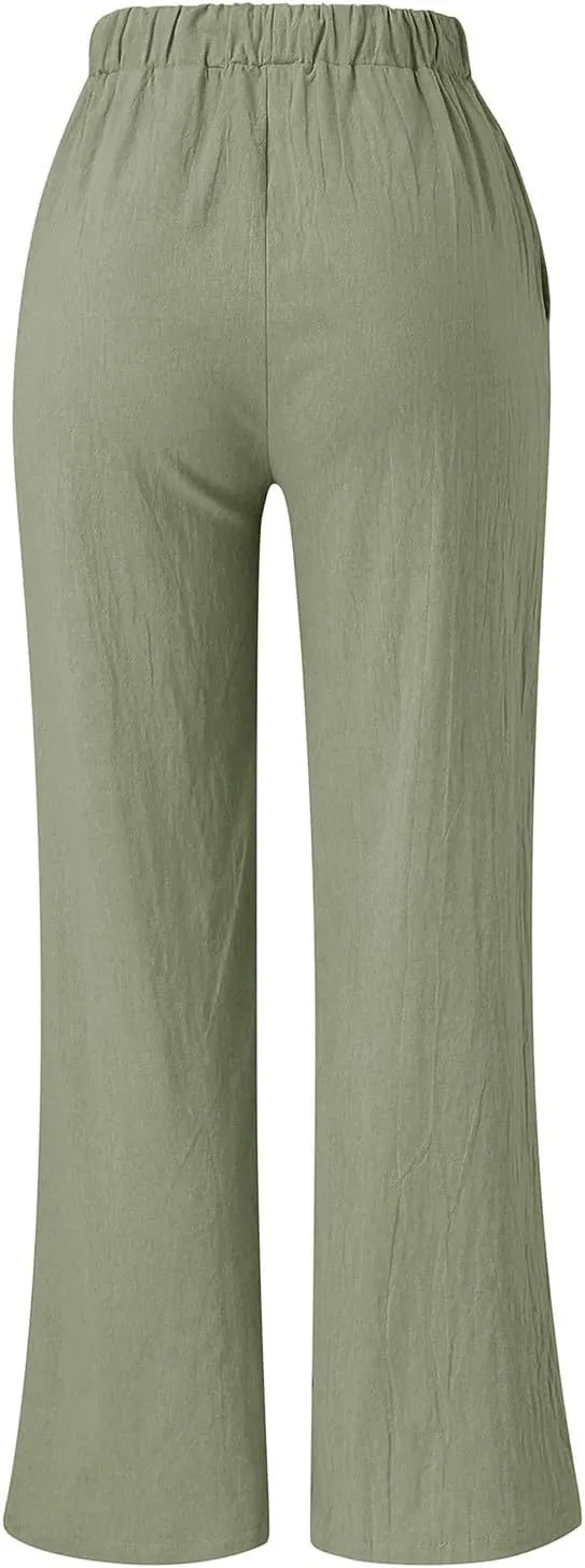 Women's Linen Casual High Waist Wide Leg Straight Dress Cotton Linen Pants Button Trousers