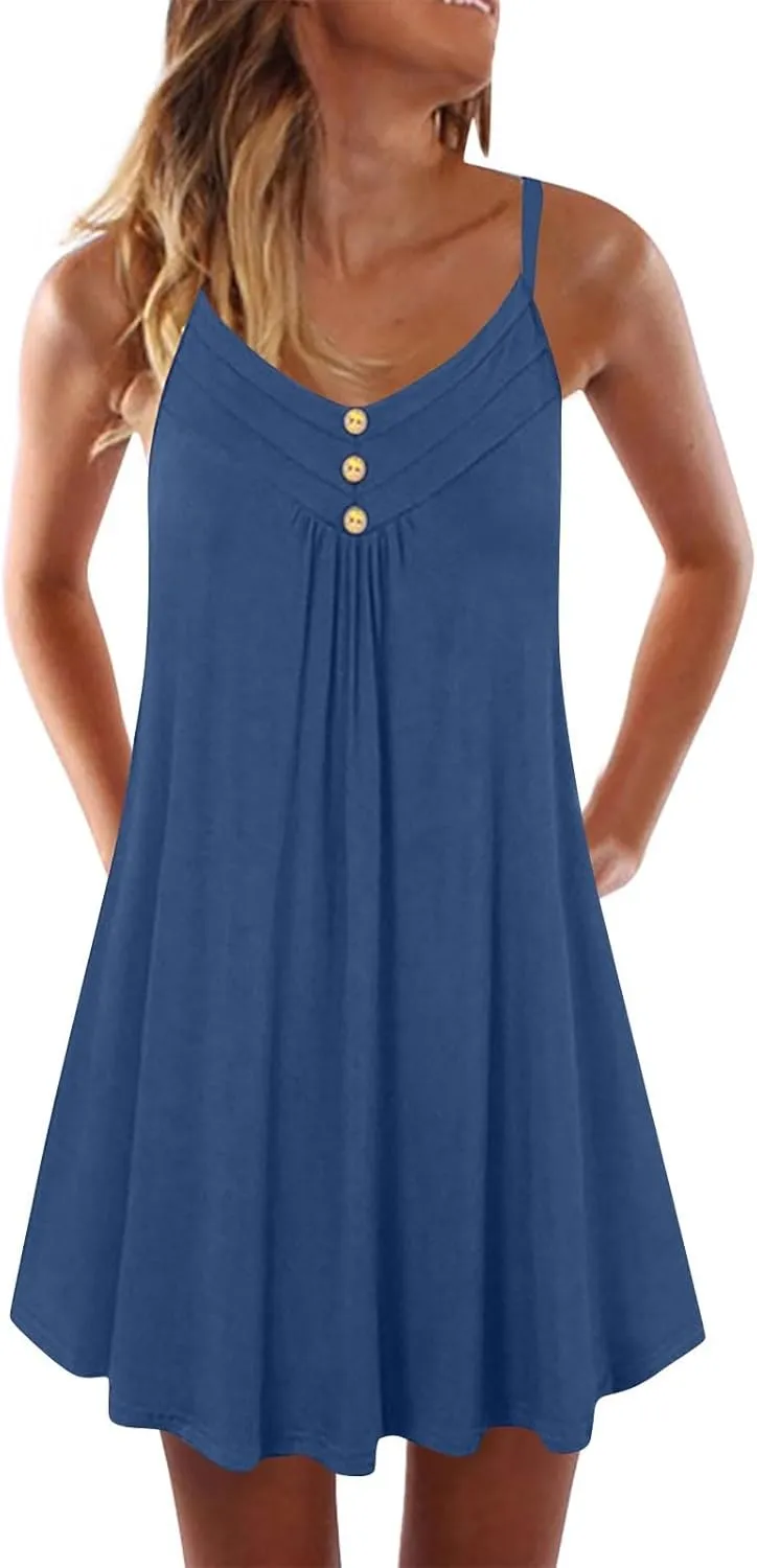 Women's Pleated Tank Tops Summer Button V Neck Spaghetti Strap Camisole Loose Fit Sleeveless Tshirts Maternity Tunic