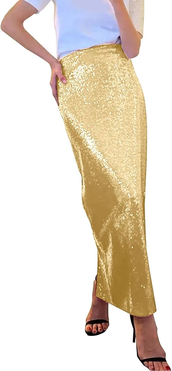 Women's Sequin Midi Skirt Sparkly Glitter Casual Half Body Skirt Sparkly A Line Swing Midi Skirt Red Sparkly Skirt