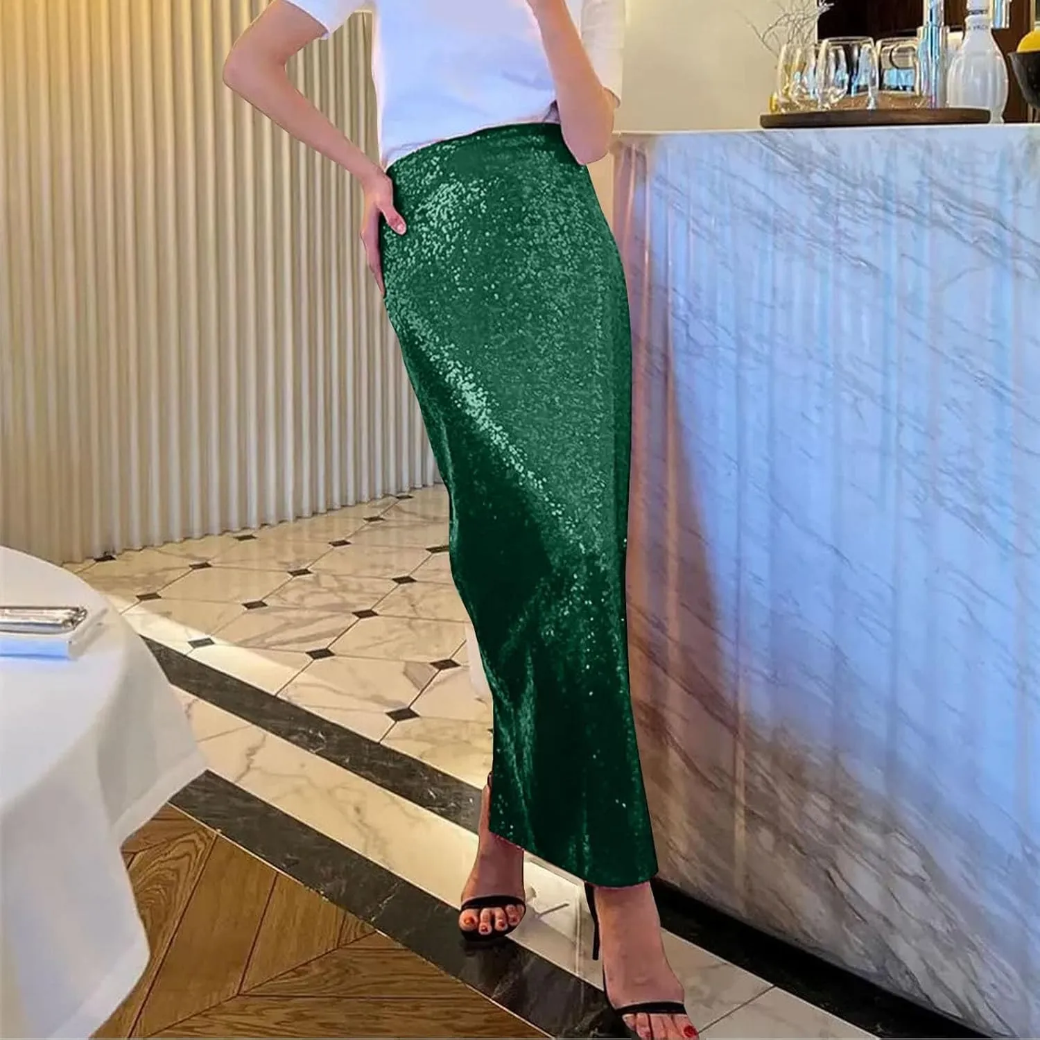 Women's Sequin Midi Skirt Sparkly Glitter Casual Half Body Skirt Sparkly A Line Swing Midi Skirt Red Sparkly Skirt