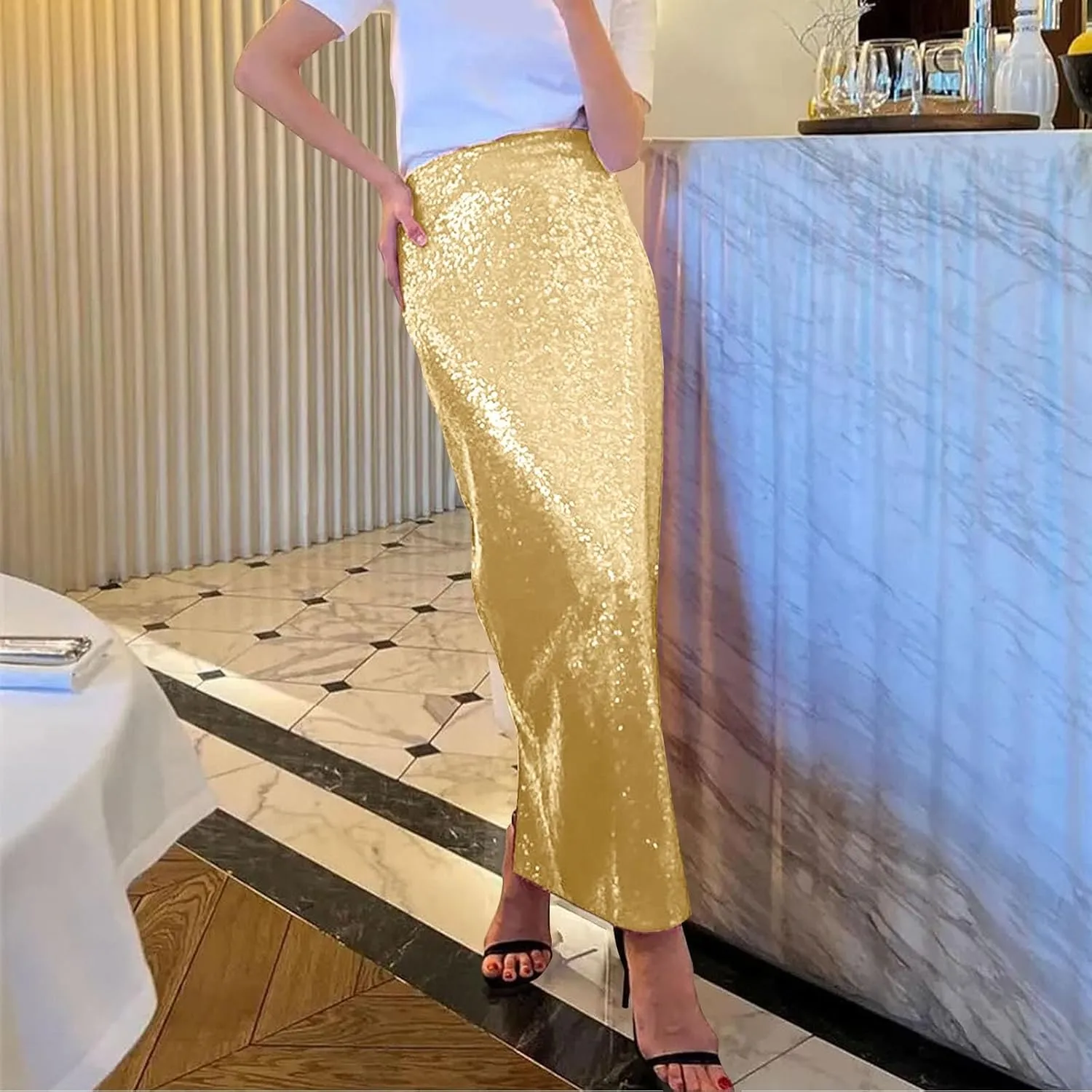 Women's Sequin Midi Skirt Sparkly Glitter Casual Half Body Skirt Sparkly A Line Swing Midi Skirt Red Sparkly Skirt
