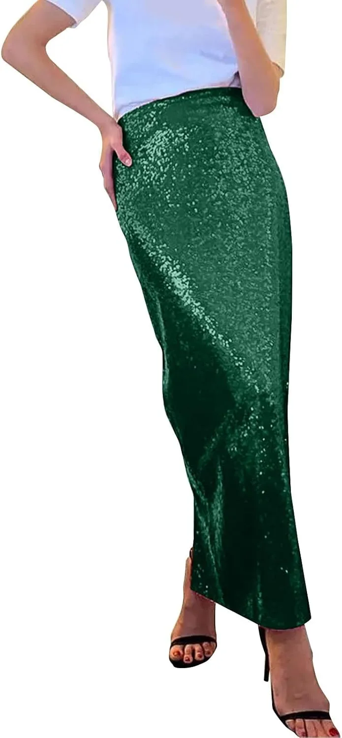 Women's Sequin Midi Skirt Sparkly Glitter Casual Half Body Skirt Sparkly A Line Swing Midi Skirt Red Sparkly Skirt