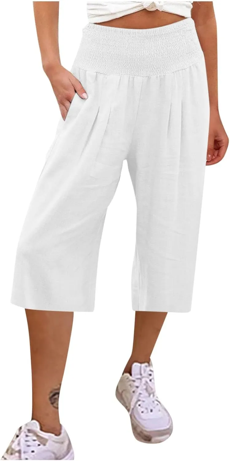Womens Shorts 2024 Shorts for Women Long Shorts Below The Knee Casual Summer Elastic Waist Flowy Beach Shorts Cotton Linen Loose Fit White XL