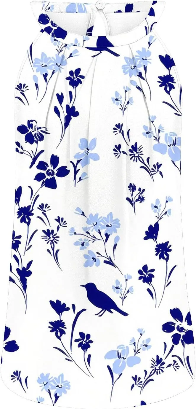 Womens Summer Halter Neck Printed Tank Tops Fashion Round Neck Pullover Blouse Casual Round Neck Strap Tee Tops