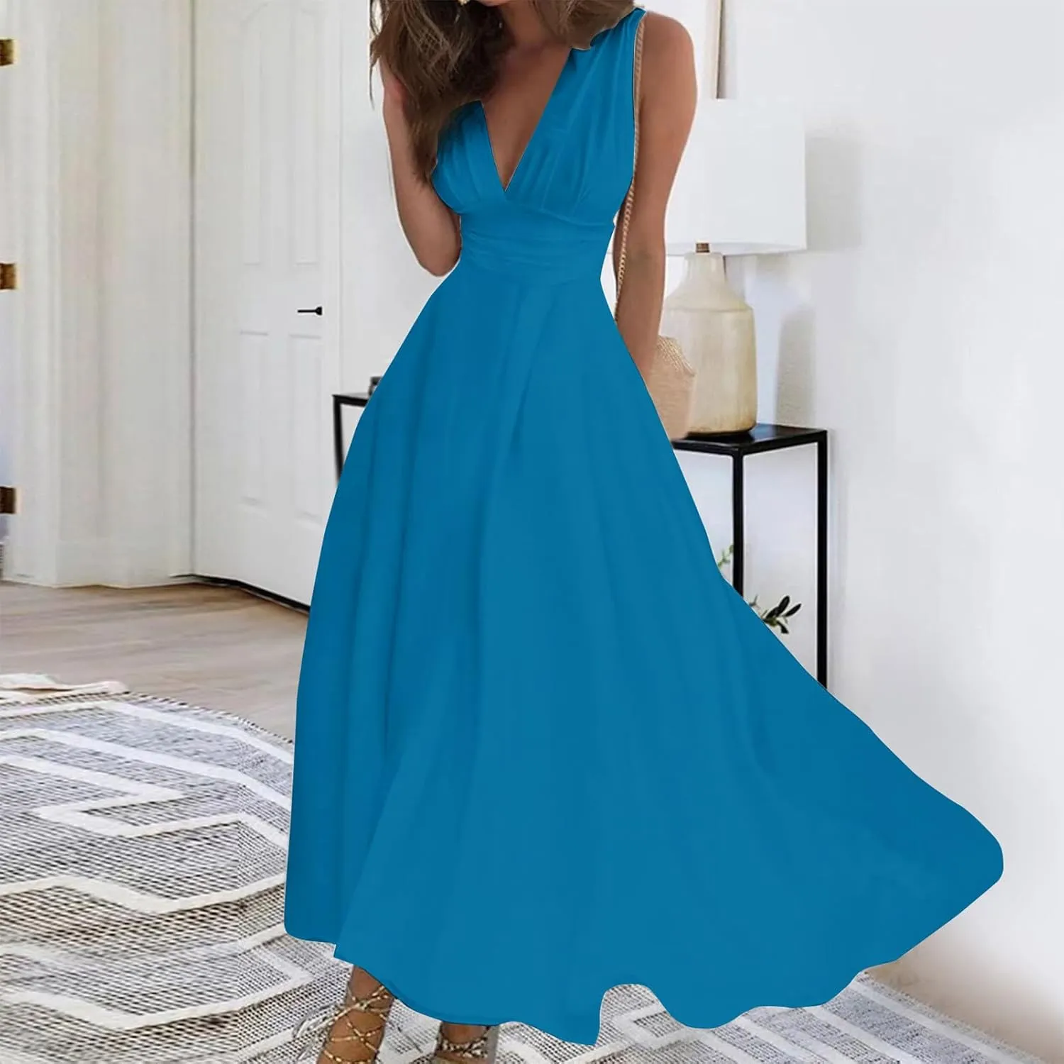 Womens Sundress Summer Floral Short Sleeve Wrap V Neck A-Line Midi Dress 2025 Elegant Flowy Beach Swing Dresses