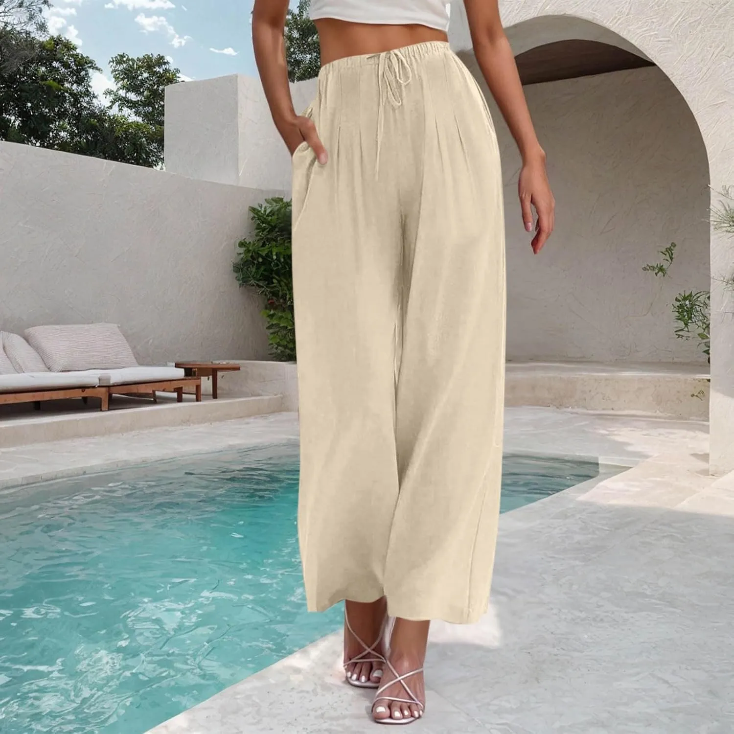 yardsong Wide Leg Linen Pants for Women Summer Casual Flowy Palazzo Pants Drawstring Elastic Waist Trousers with Pockets