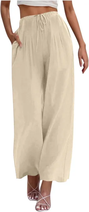 yardsong Wide Leg Linen Pants for Women Summer Casual Flowy Palazzo Pants Drawstring Elastic Waist Trousers with Pockets
