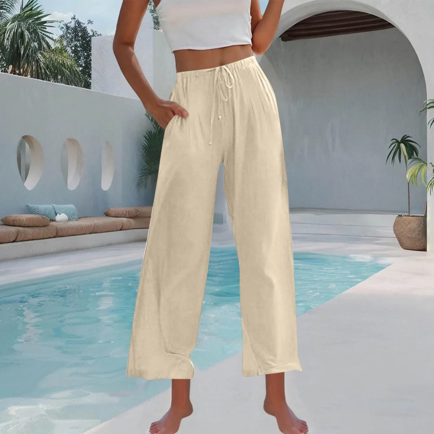 yardsong Wide Leg Linen Pants for Women Summer Casual Flowy Palazzo Pants Drawstring Elastic Waist Trousers with Pockets