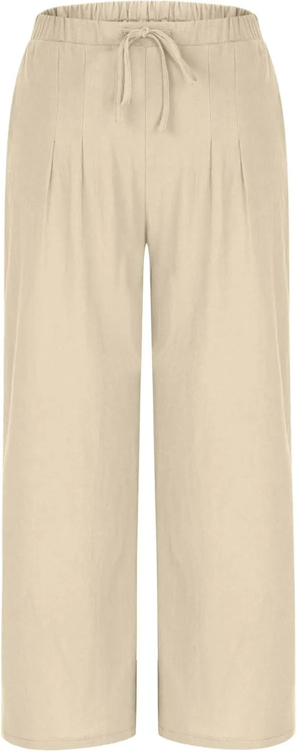 yardsong Wide Leg Linen Pants for Women Summer Casual Flowy Palazzo Pants Drawstring Elastic Waist Trousers with Pockets