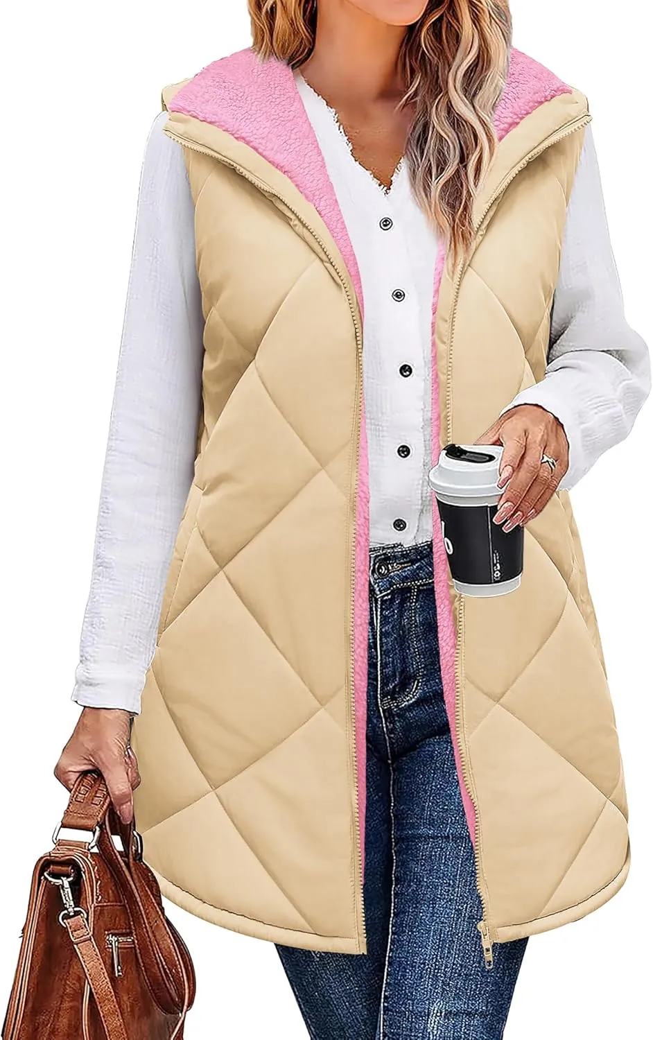 Zeagoo Womens 2025 Reversible Vest Sleeveless Fleece Jacket Double Zip Up Long Warm Winter Coat Outerwear with Pockets